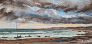 Paisaje de atardecer pintura al pastel con nubes y olas