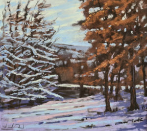 Pintura de paisaje de árboles en la nieve