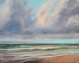 Cuadro de playa y marinas con nubes
