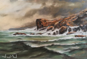 Pintura marina con rocas y aguas turbulentas