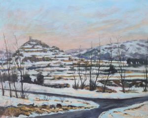 Vista de biar nevado. Pintura al óleo y acrílico